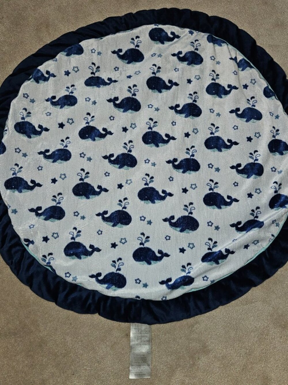 Burlington Blue White Whale Fleece Baby Play Mat Pad Tummy Time 35" Circle